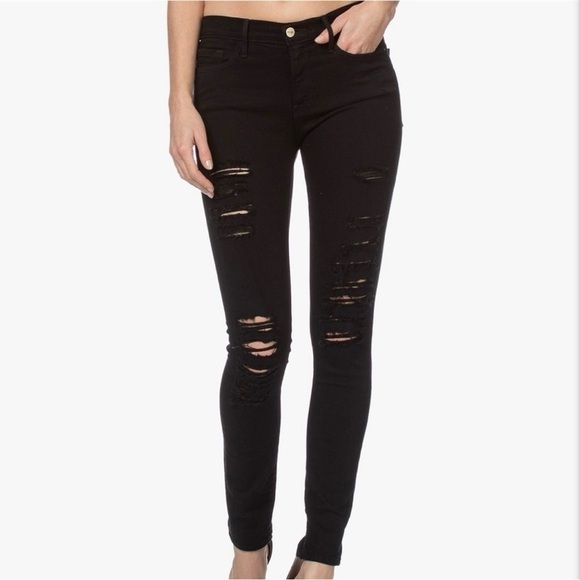 Frame Denim Le Skinny de Jeanne Ripped Distressed Film Noir Wash Jeans Size 26 - Picture 2 of 10